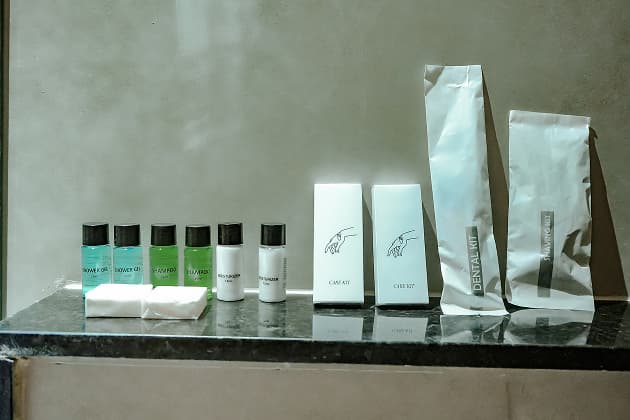 Bathroom amenities including soap, shampoo and toothbrush at BKS Grand Hotel